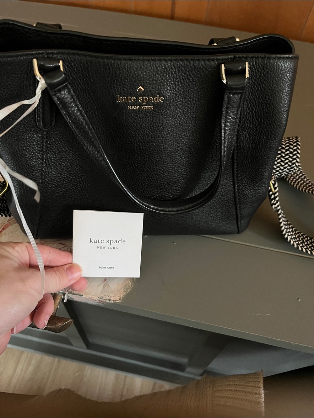 kate spade Black Pebbled Leather Shoulder Bag with Black-and-White Woven Strap - Picture 3 of 16